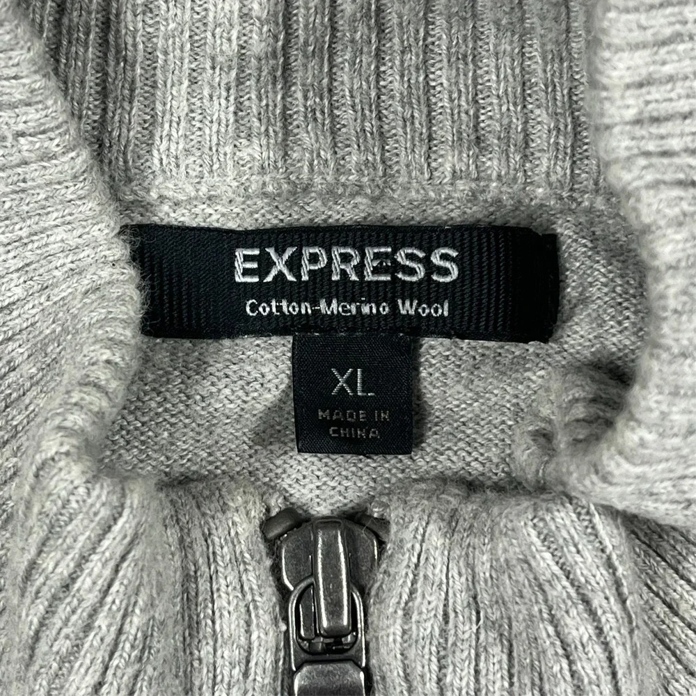 Express Full Zip Sweater Mens XL Grey Cotton Merino Wool Windowpane Mock Neck‎